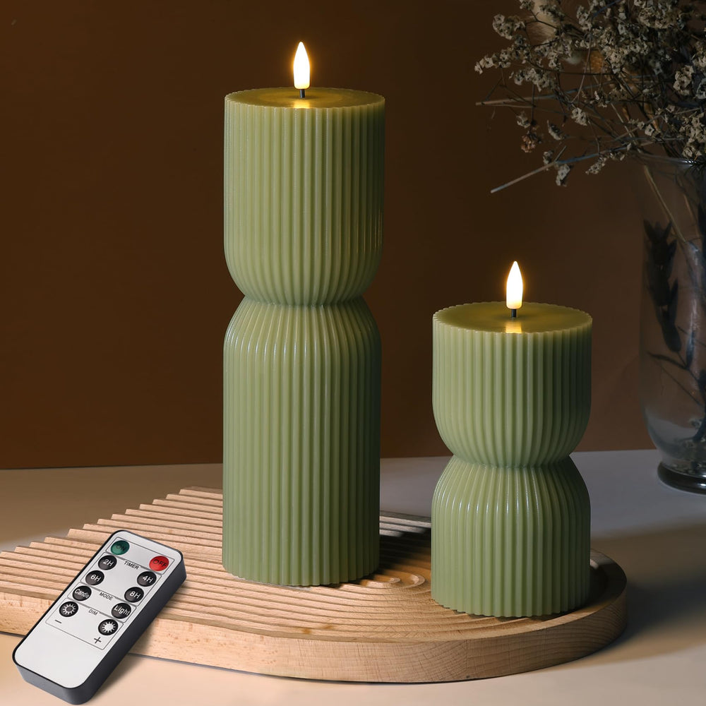 Girimax olive green pillar candle front view showing wax finish and ribbed texture for stylish decor