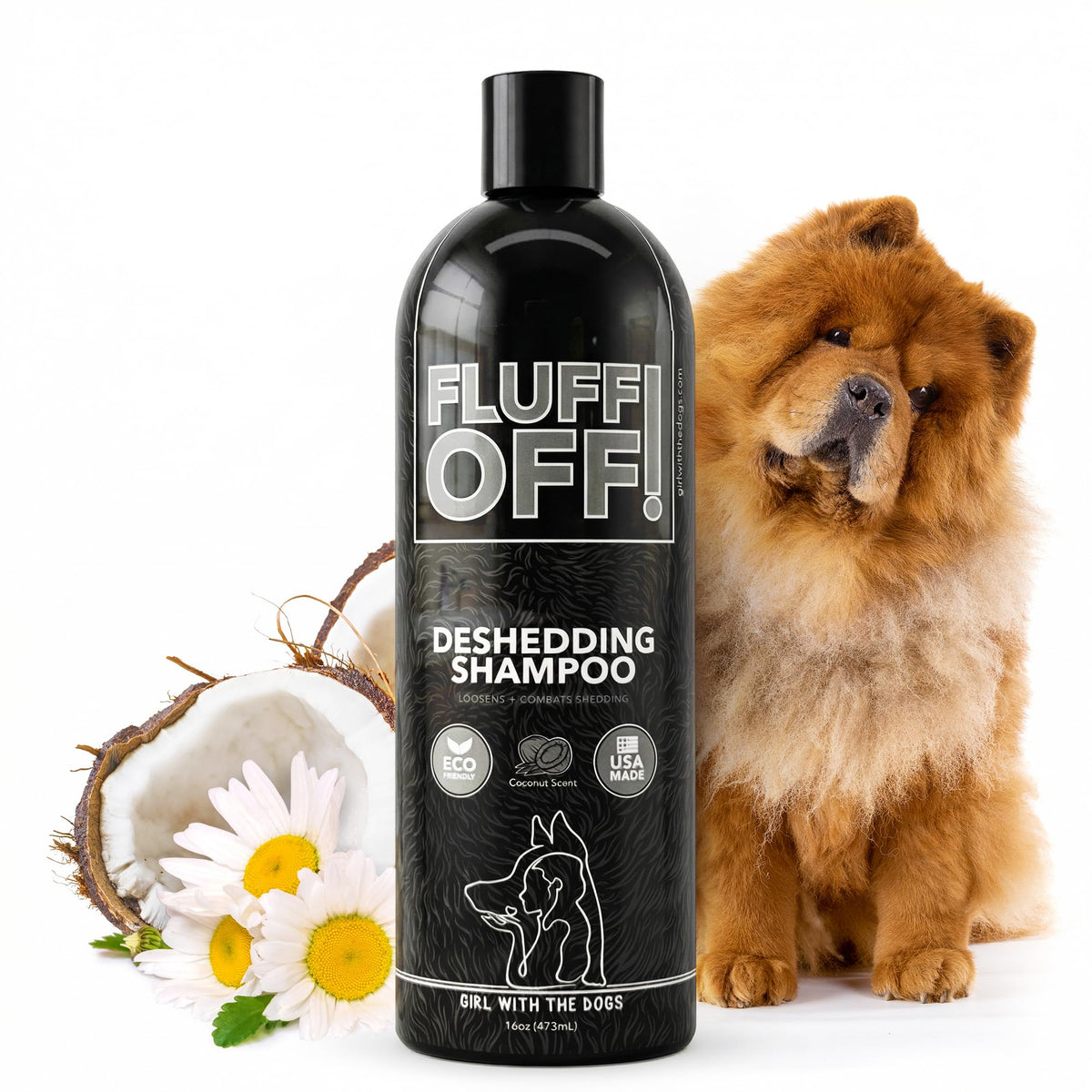 Girl With The Dogs front label showing product and clear deshedding benefits