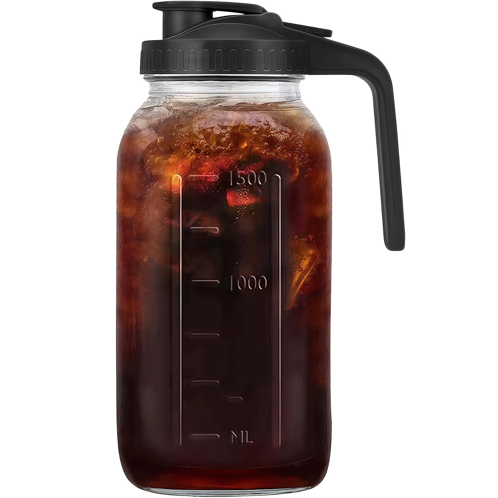 Glabotoil front view pitcher showing full 64oz capacity and clear glass benefit