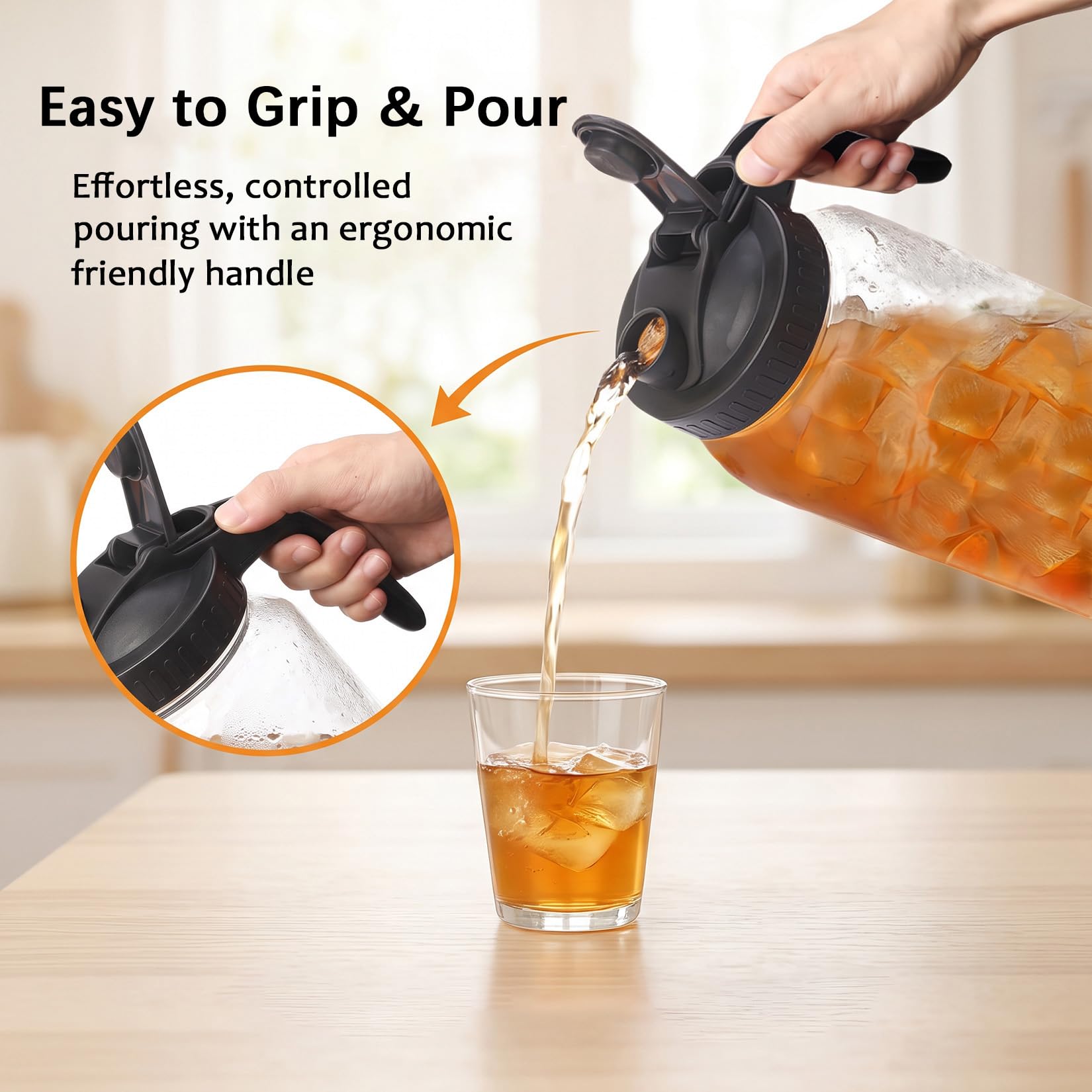 Glabotoil ergonomic handle detail showing slip-resistant grip for safe pouring