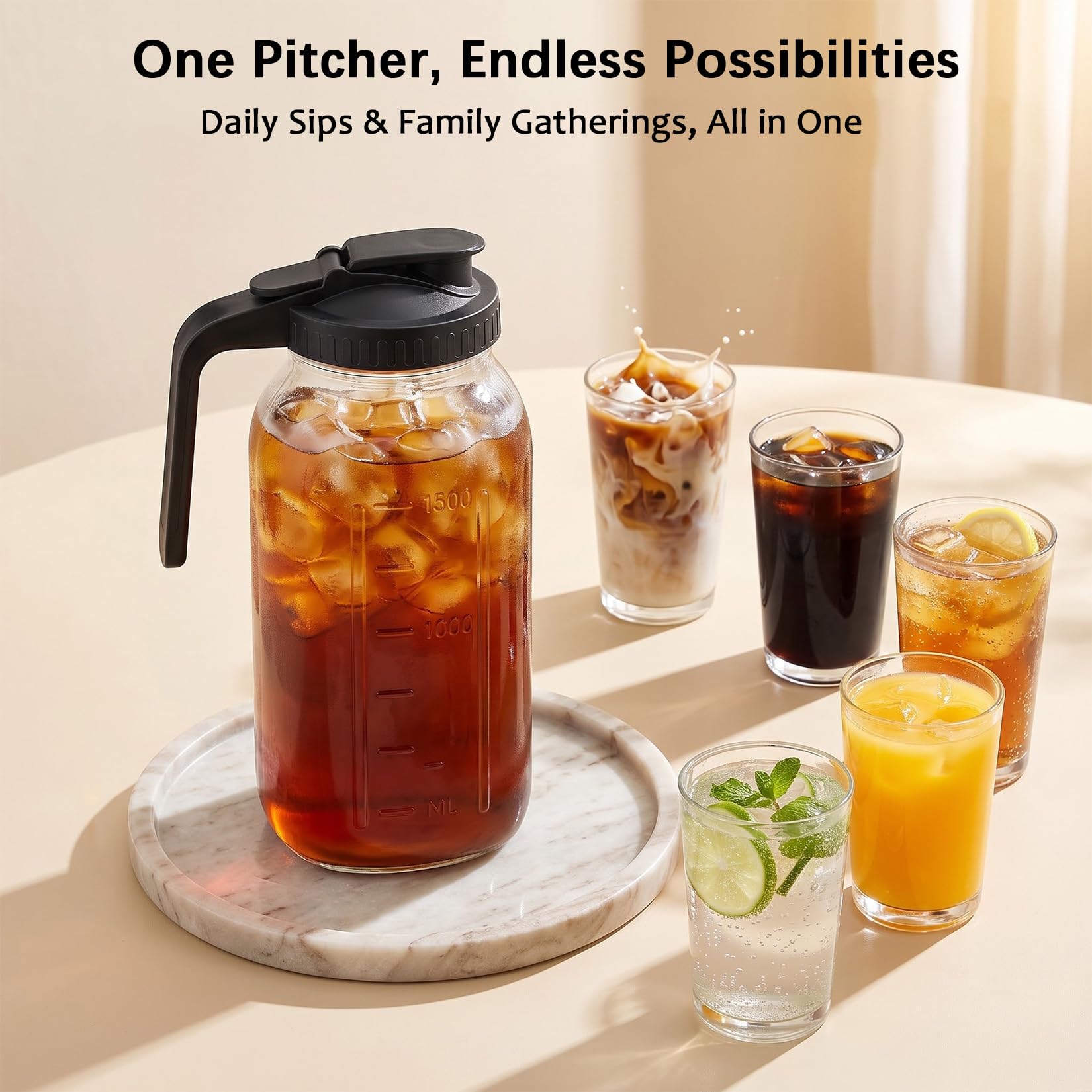 Glabotoil pitcher pouring iced tea into glasses to show serving convenience