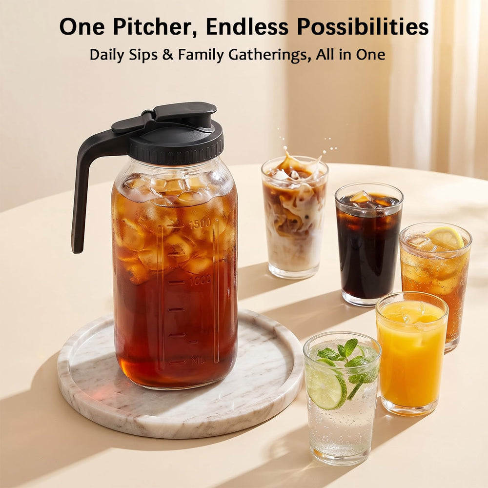 Glabotoil pitcher pouring iced tea into glasses to show serving convenience