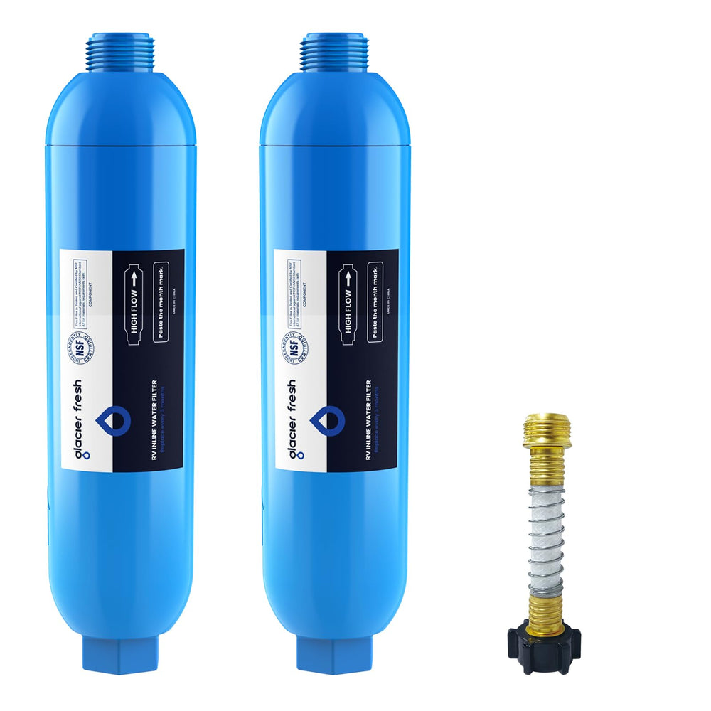 GLACIER FRESH front view of inline filter showing compact design and easy hookup benefits