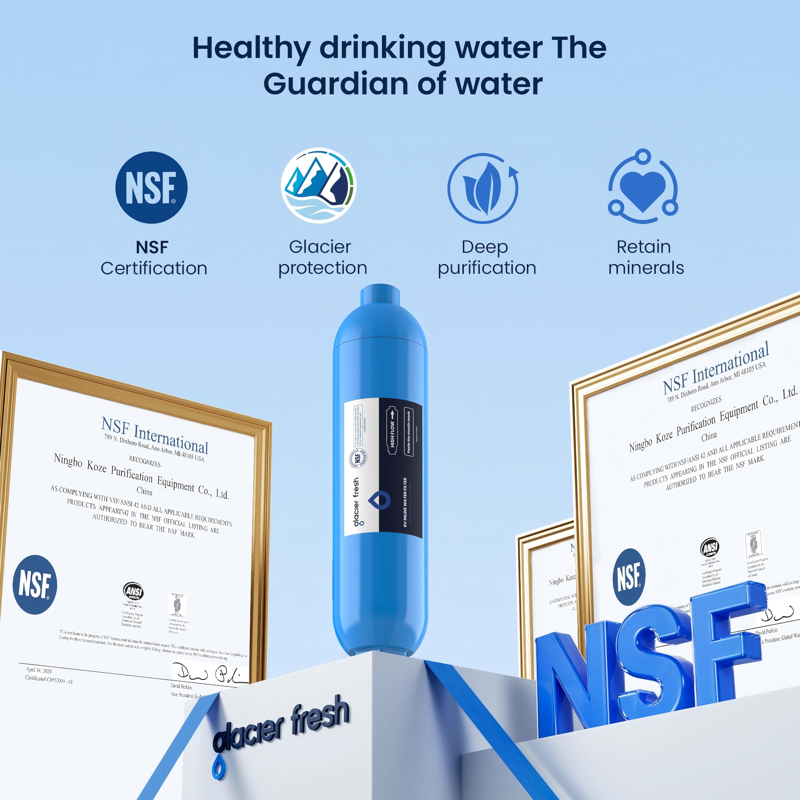 GLACIER FRESH label close-up with specs for easy verification of micron rating and testing