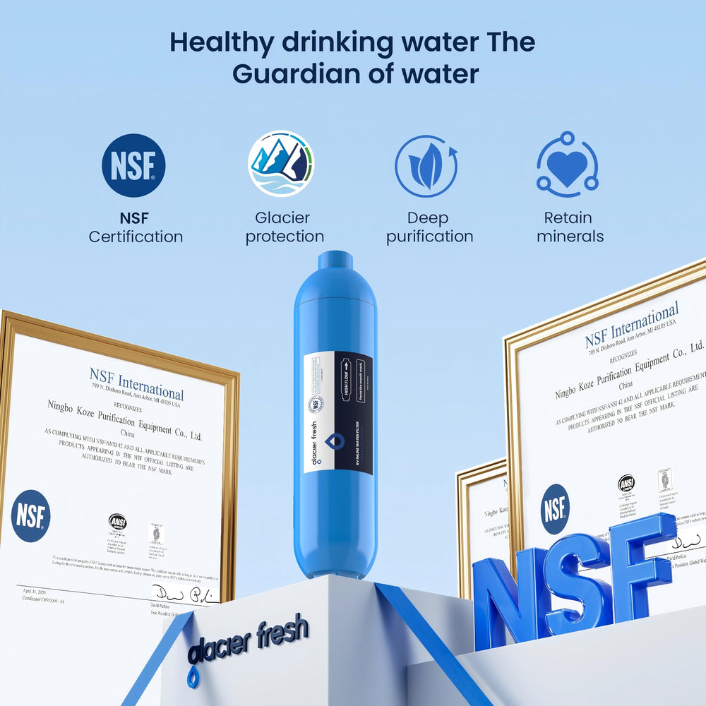 GLACIER FRESH label close-up with specs for easy verification of micron rating and testing