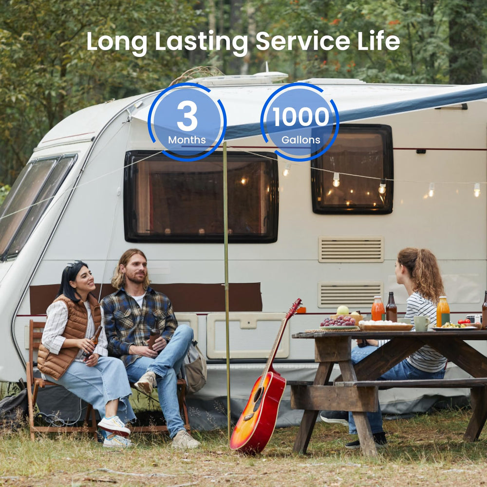 GLACIER FRESH in campsite scene filling a water jug illustrating travel-friendly clean water use