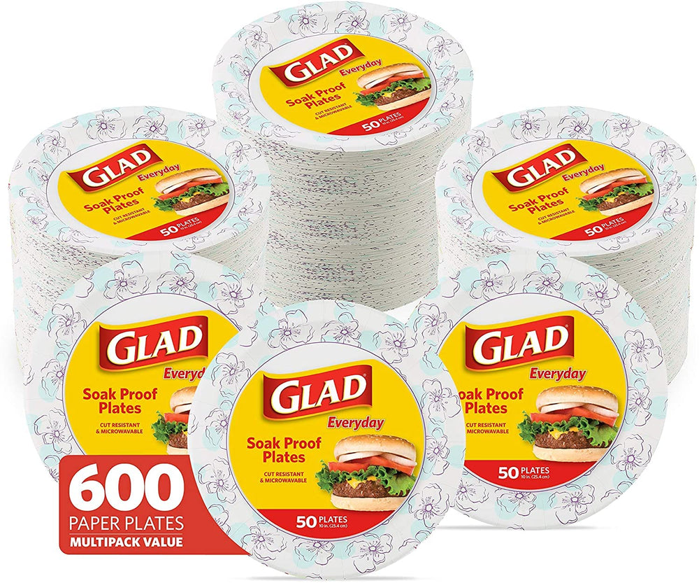 Glad front packaging showing 600 blue flower plates and bulk value