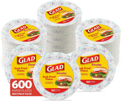 Glad front packaging showing 600 blue flower plates and bulk value