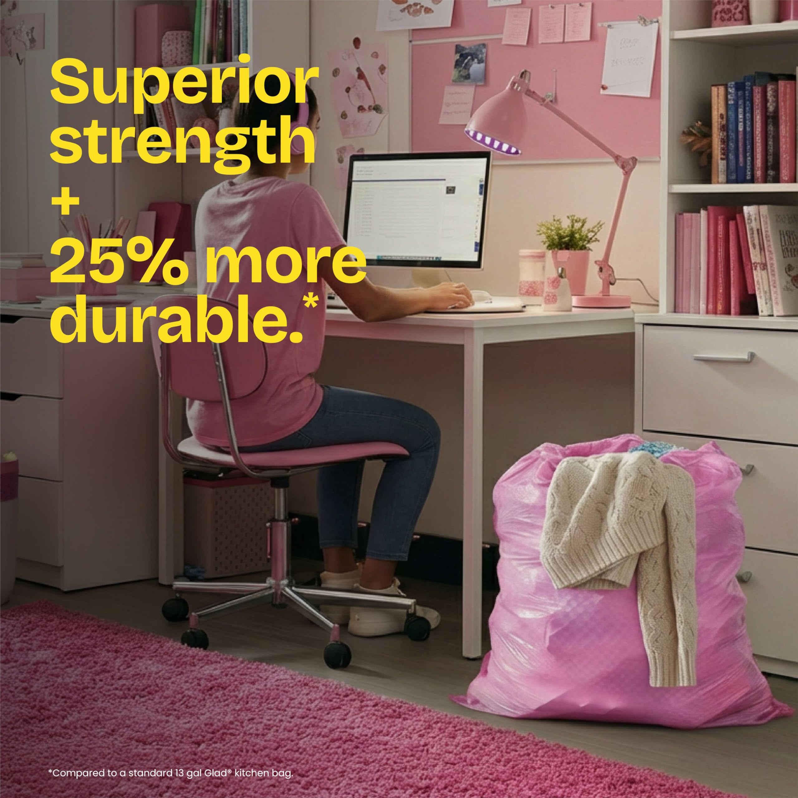 Glad bag fitted in a 13-gallon kitchen can illustrating correct size and neat fit