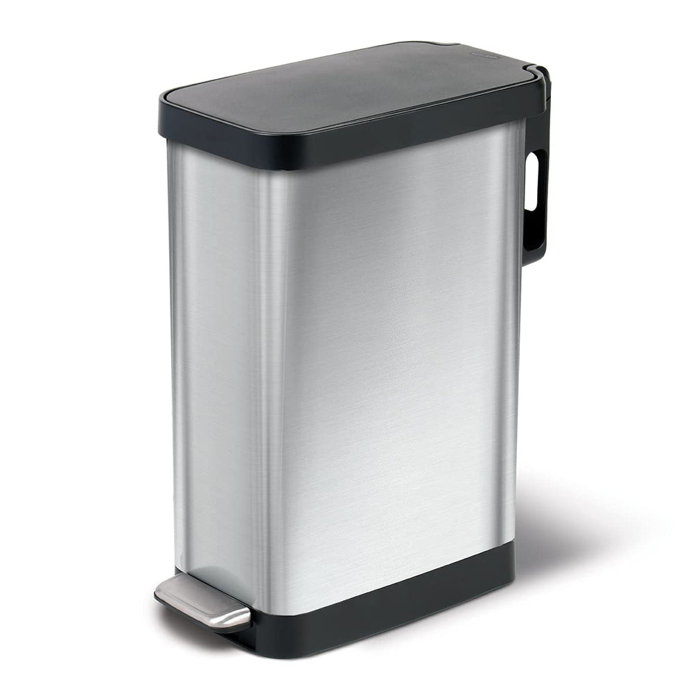 Glad slim trash can front view showing narrow stainless steel design and space saving