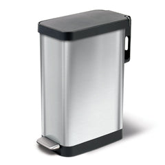 Glad slim trash can front view showing narrow stainless steel design and space saving
