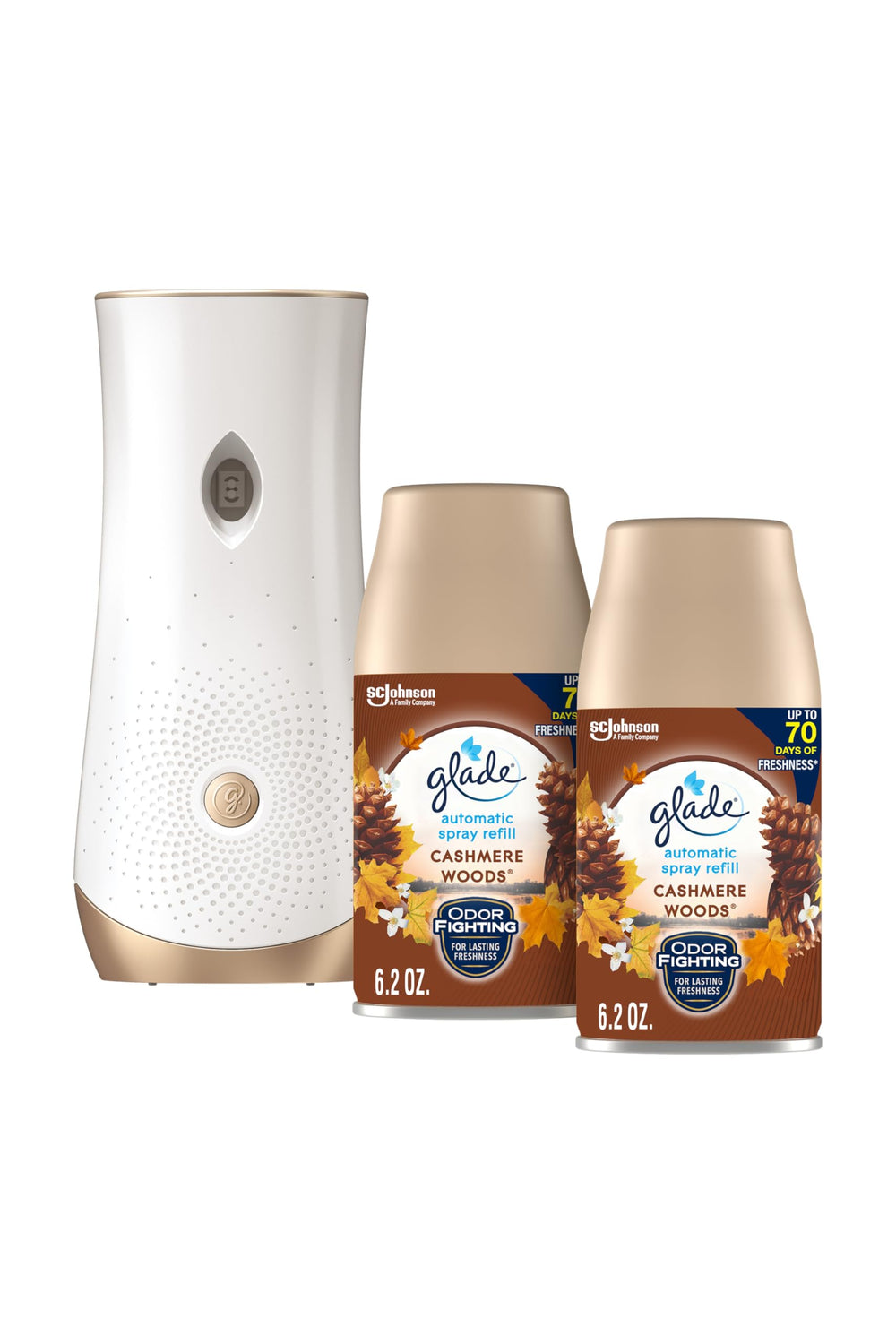 Glade holder front view showing Cashmere Woods for instant cozy scent