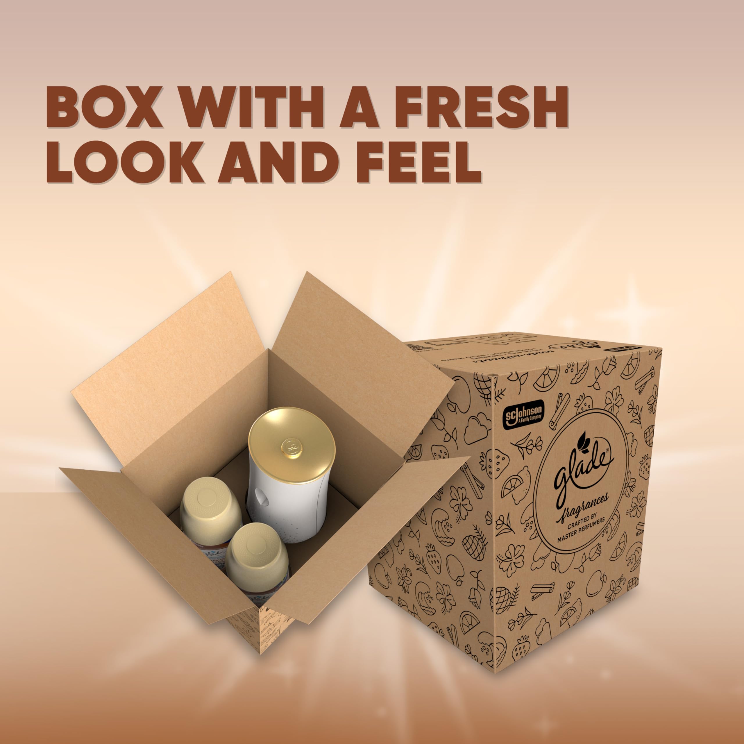 Glade refill side label highlighting scent notes and essential oils benefit