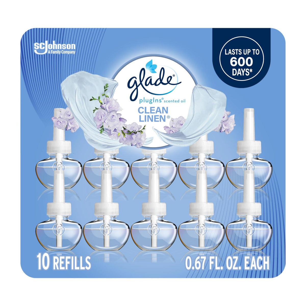 Glade Clean Linen front packaging showing ten refills and product branding for convenience