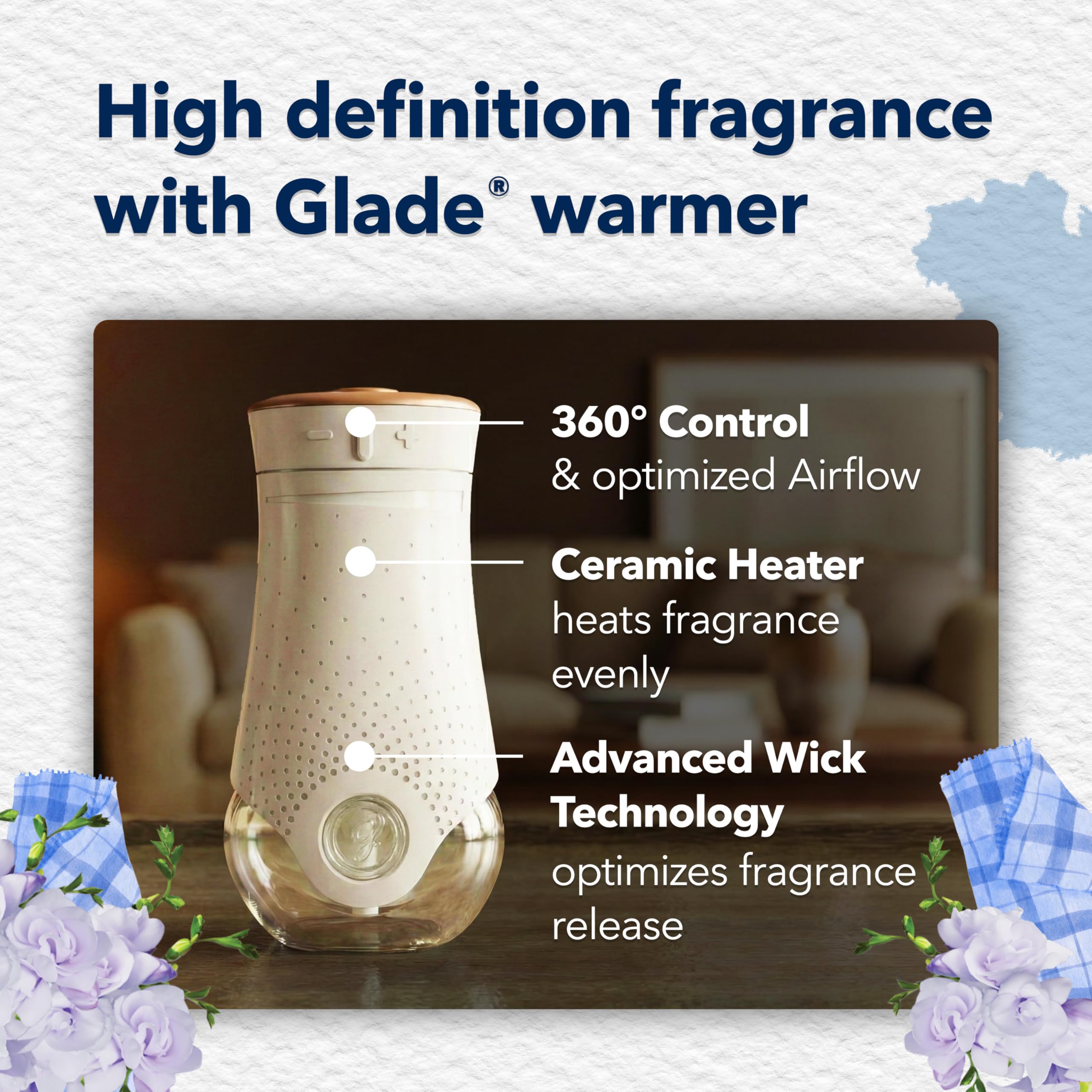 Glade Clean Linen refill next to a hand for scale showing compact, space-saving size