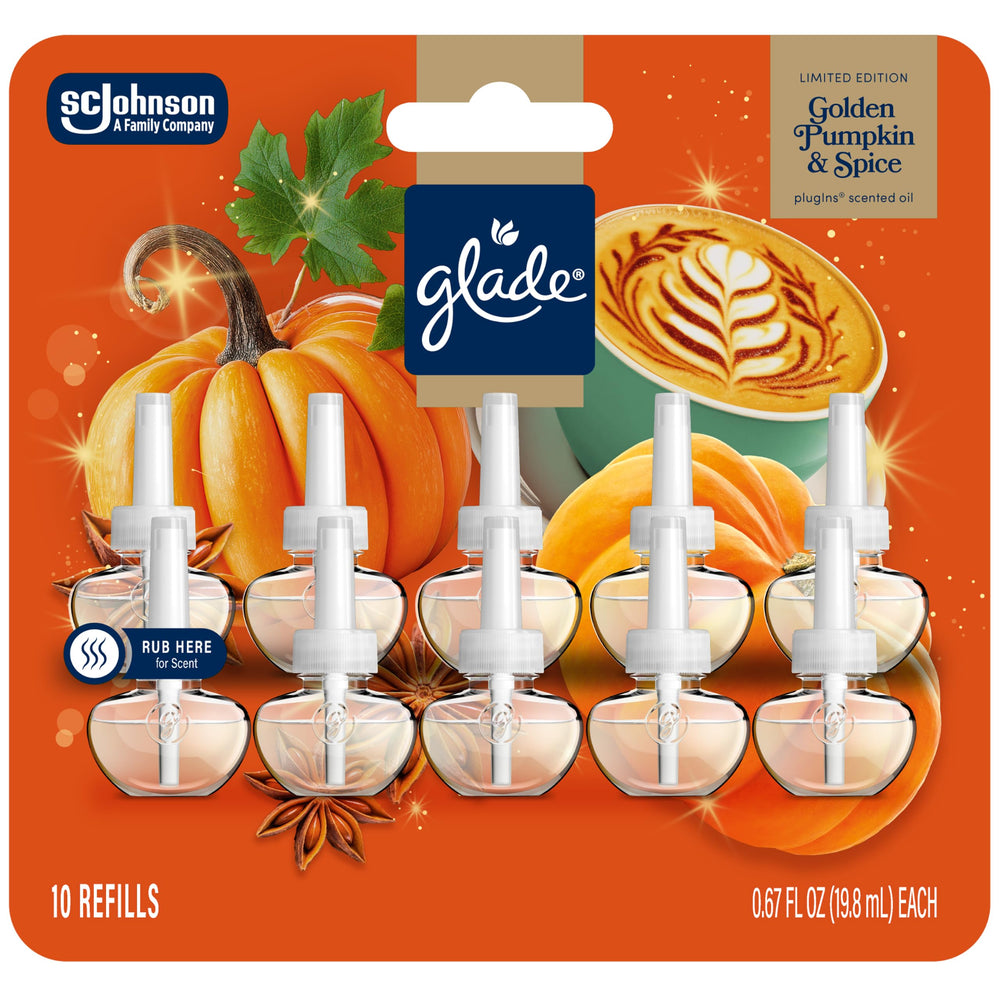 Glade Golden Pumpkin & Spice front packaging showing product name and warmth