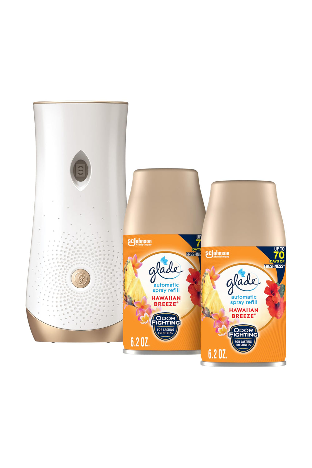 Glade holder front packaging showing Hawaiian Breeze scent and benefits