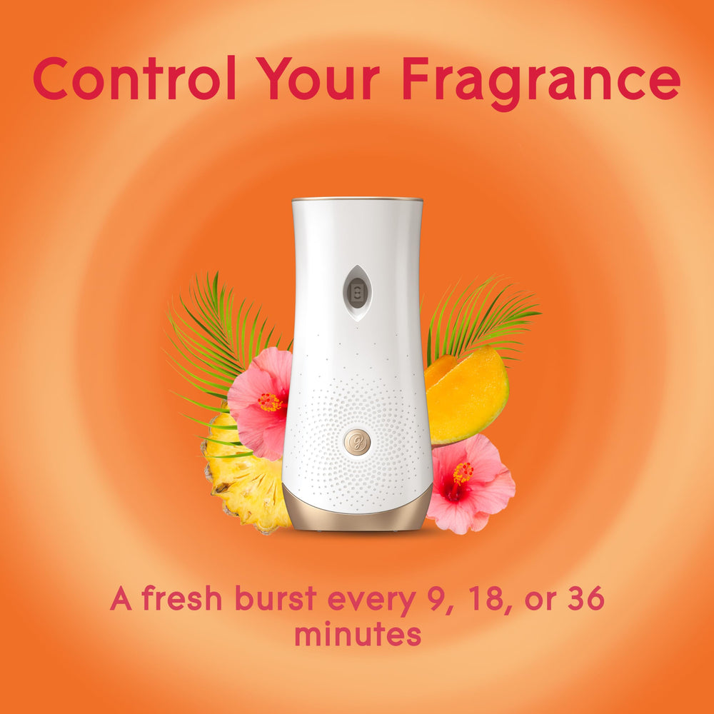 Glade automatic spray emitting mist illustrating continuous timed fragrance