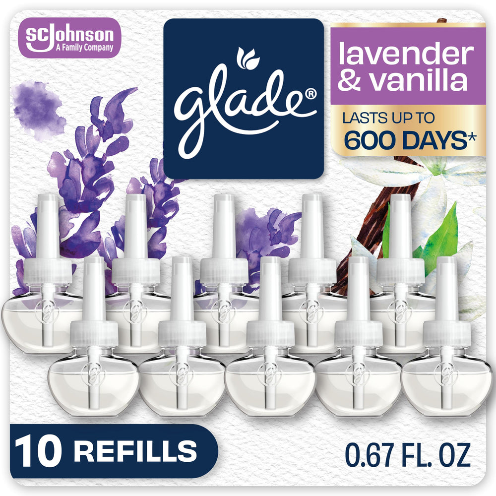 Glade lavender & vanilla front packaging shows fragrance and quantity benefit