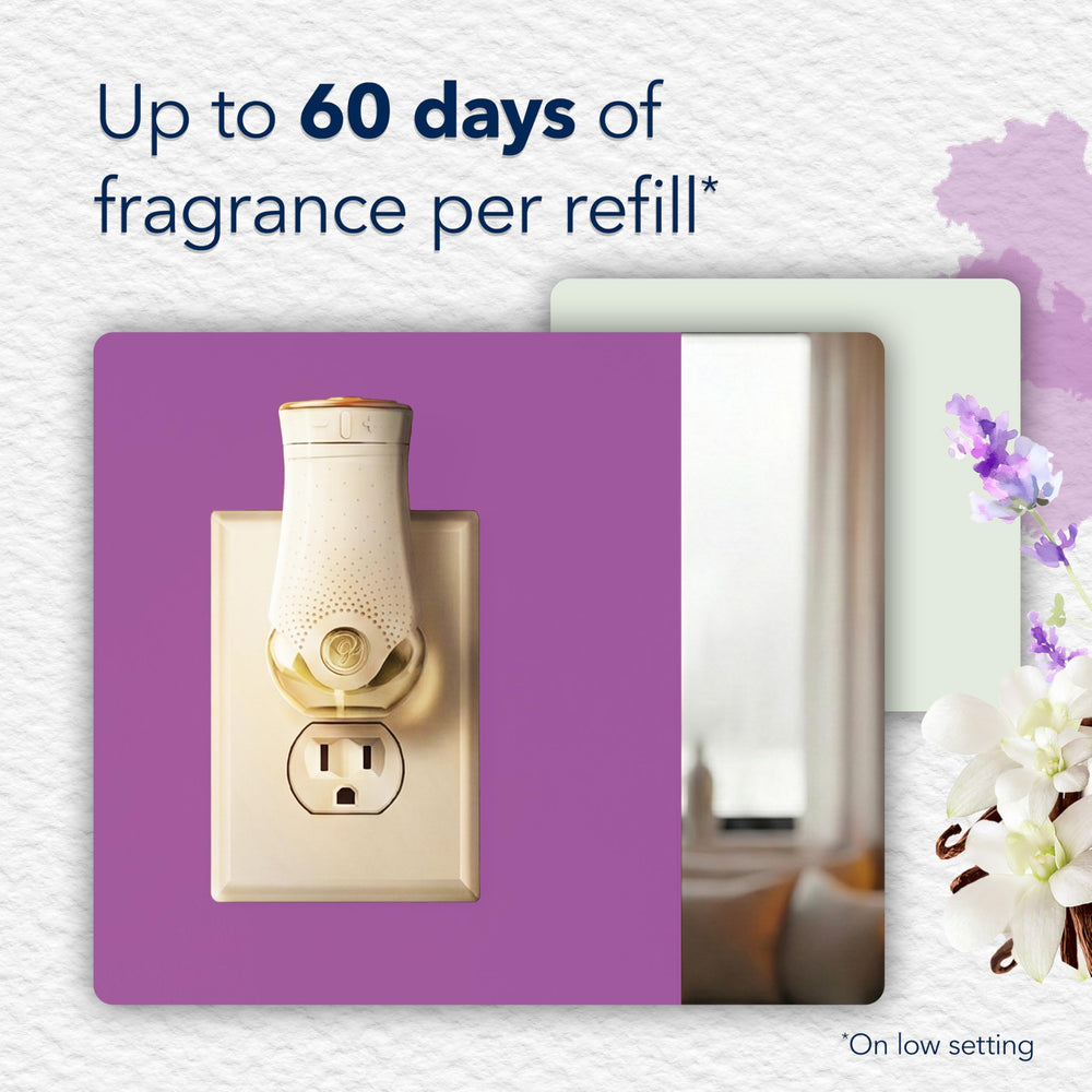 Glade lavender & vanilla inserted in plug-in warmer demonstrating adjustable scent control