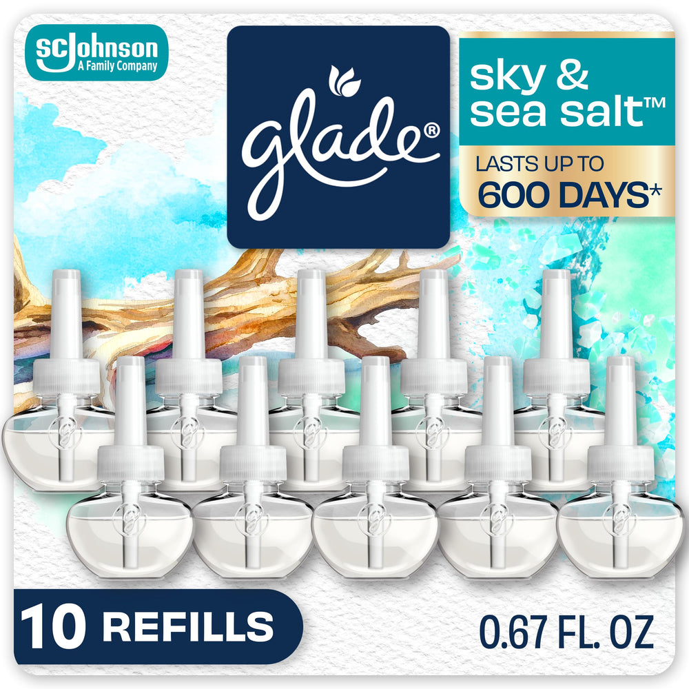 Glade sky & sea salt front packaging shows 10 refills and benefits
