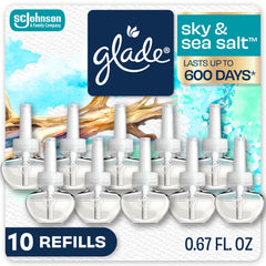 Glade sky & sea salt front packaging shows 10 refills and benefits