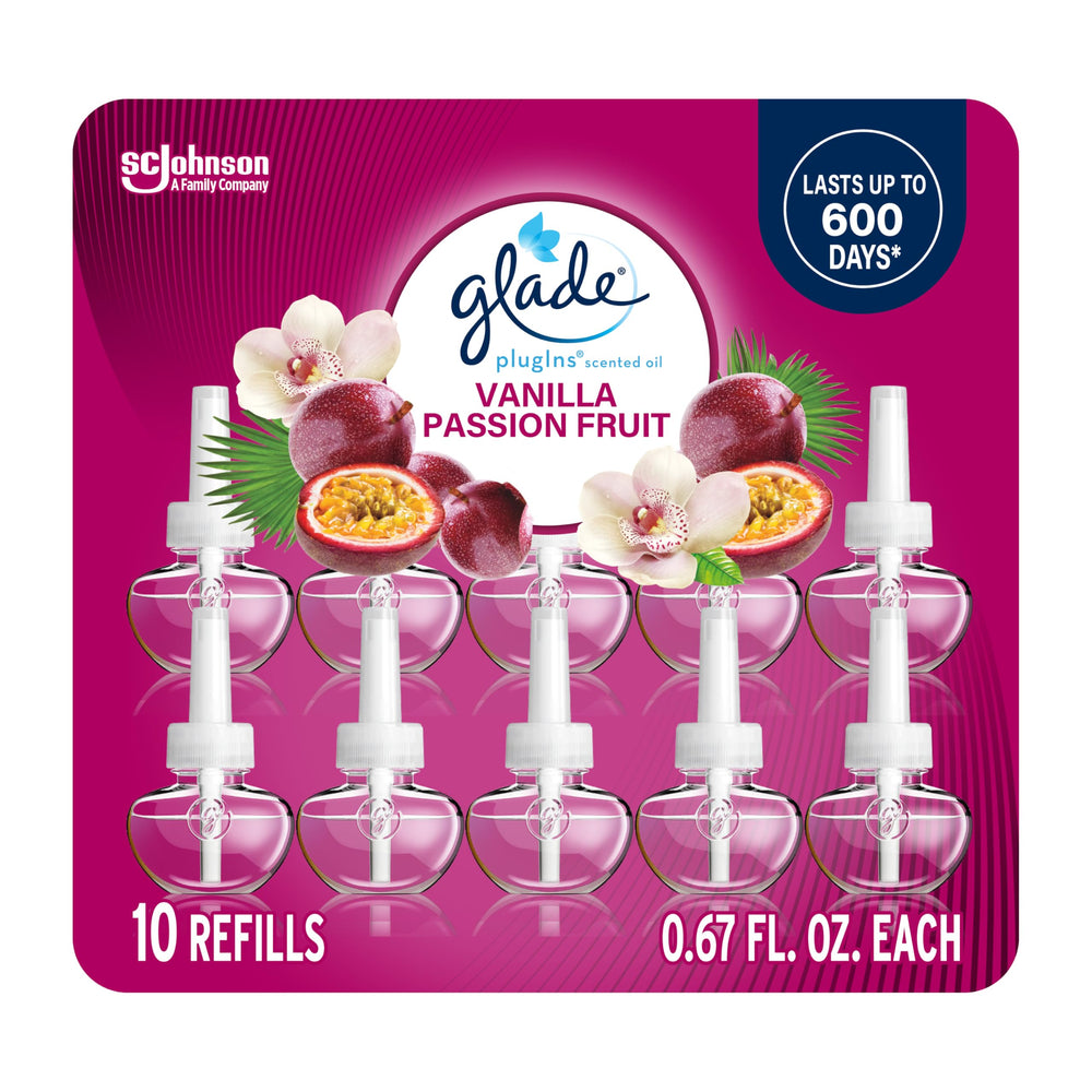 Glade Vanilla Passion Fruit front packaging showing 10-count convenience and visual appeal