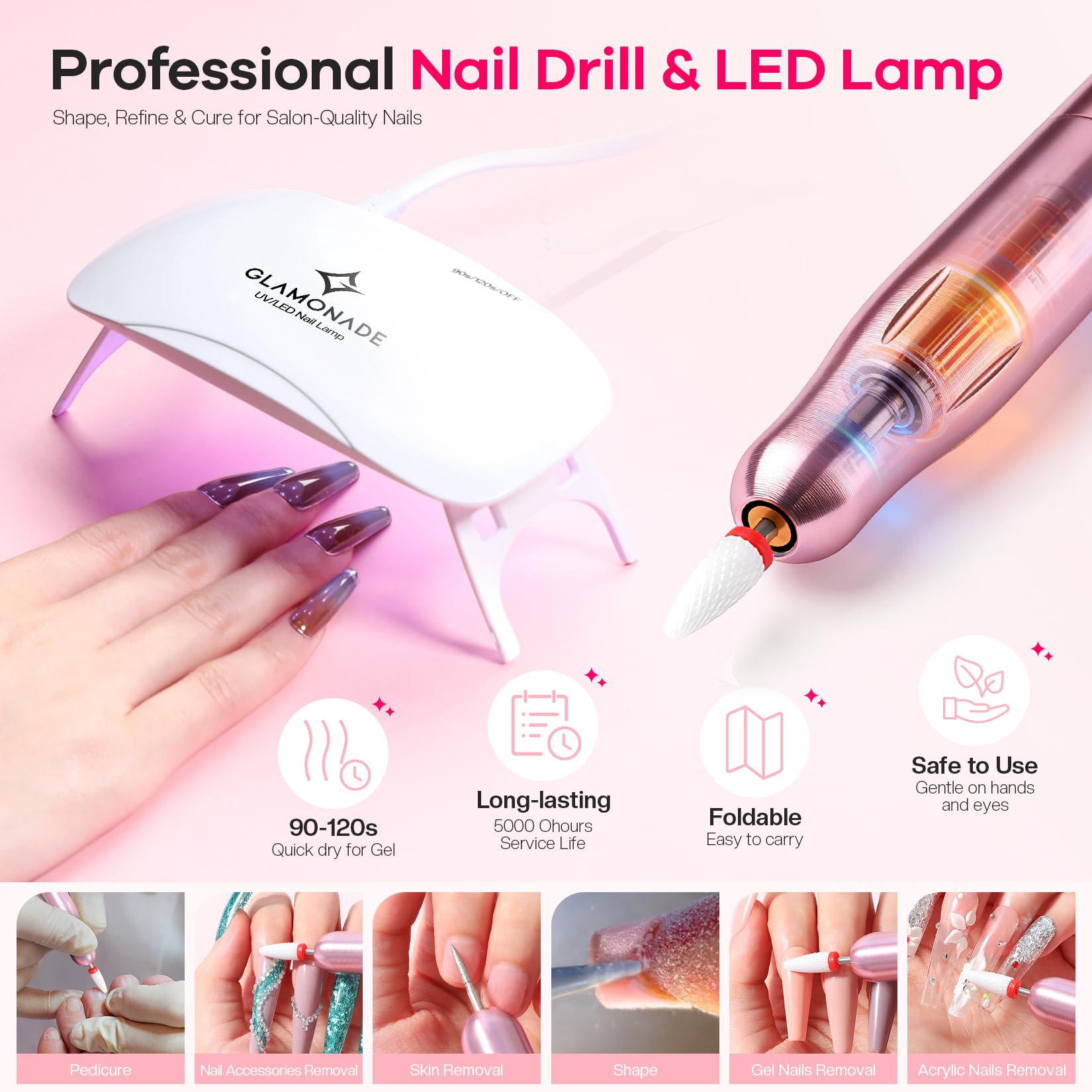 Glamonade nail drill with bits for refining edges and salon-style finishing