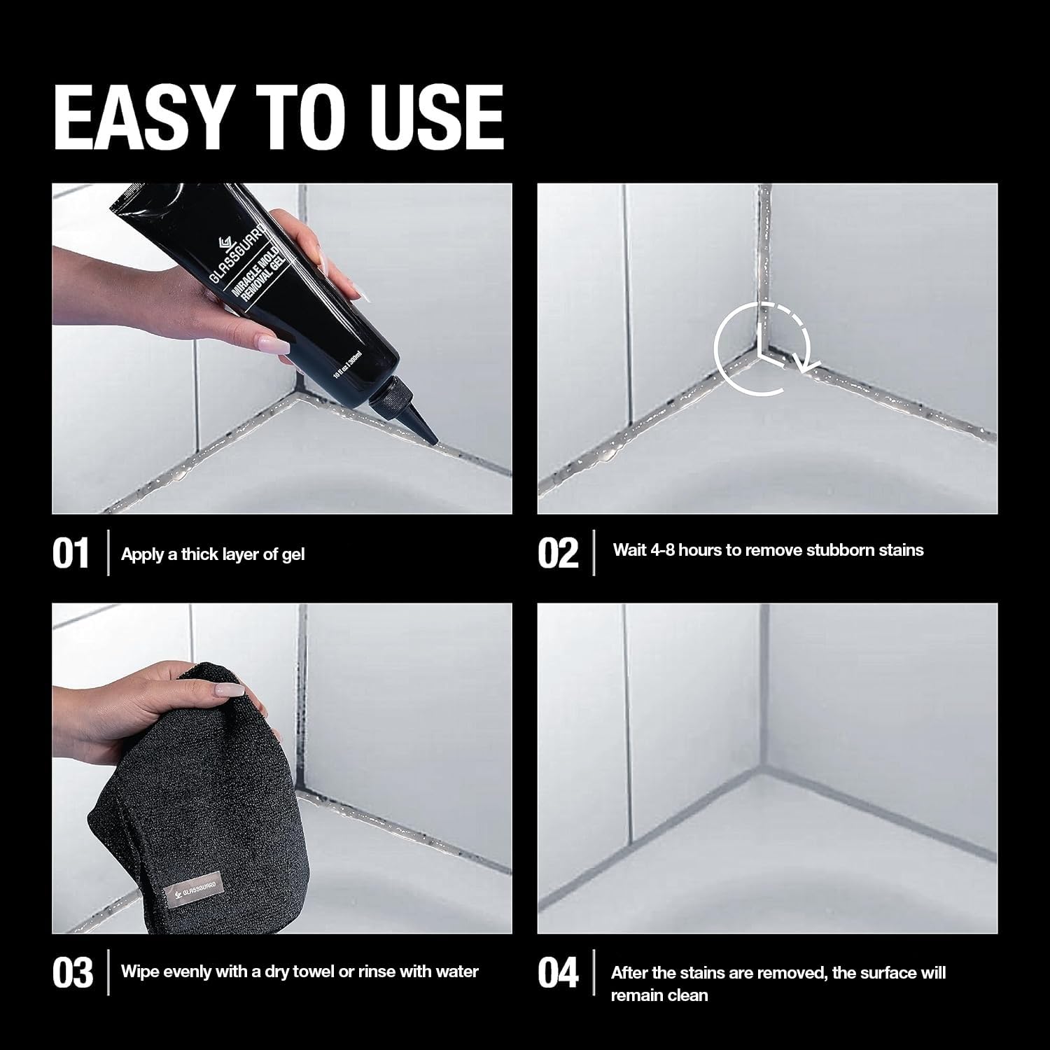 GlassGuard gel applied on grout line demonstrating stain-removal action