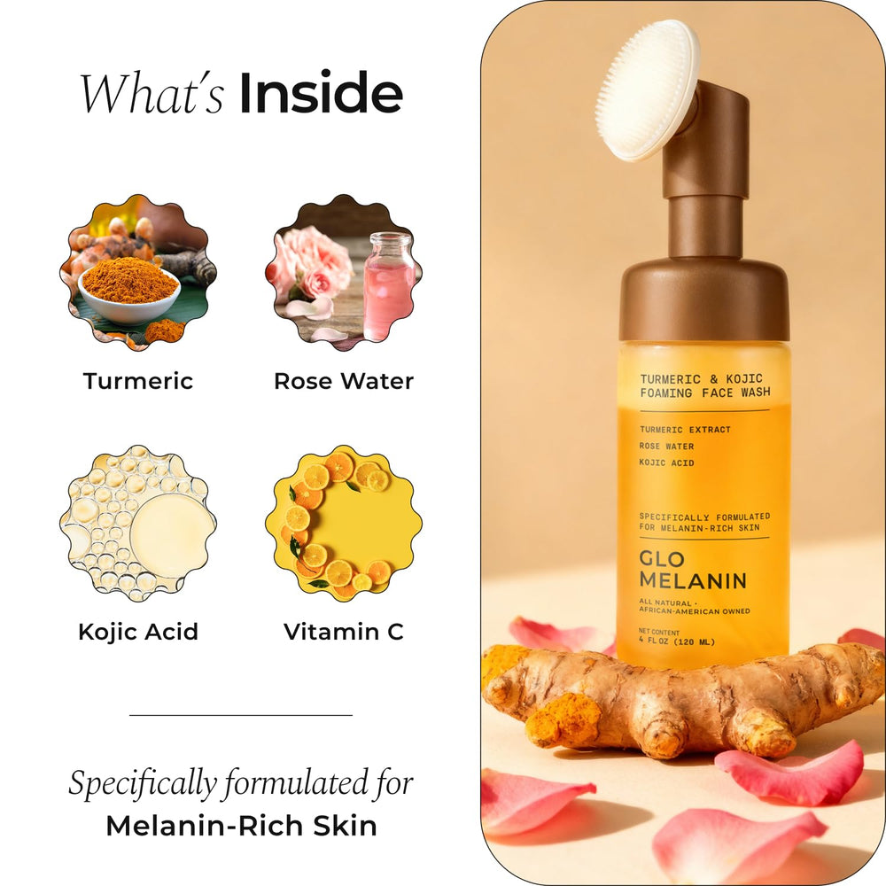 Glo Melanin 120ml bottle beside a hand for size and portability reference