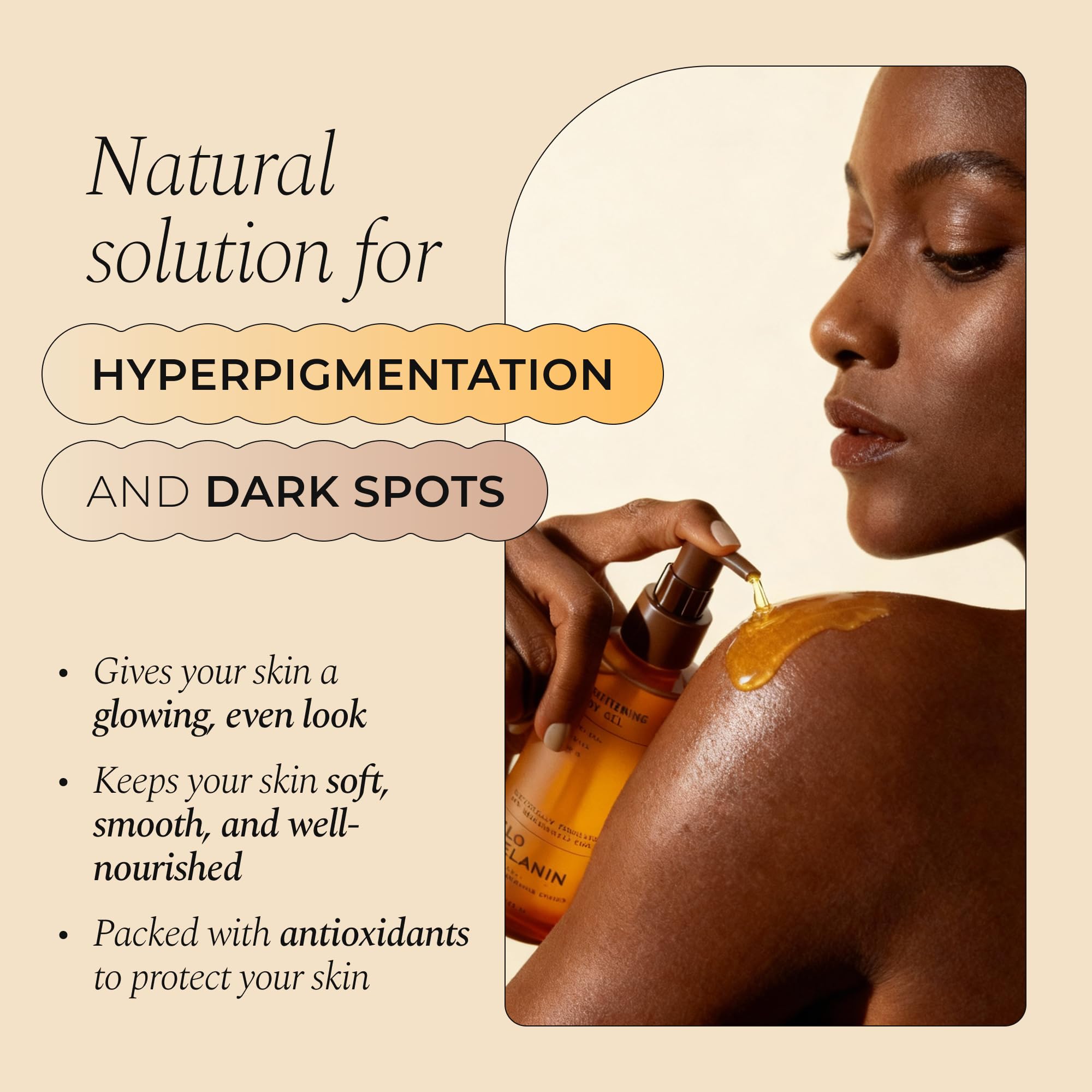 Glo Melanin oil pour from dropper highlighting fluid consistency and easy application