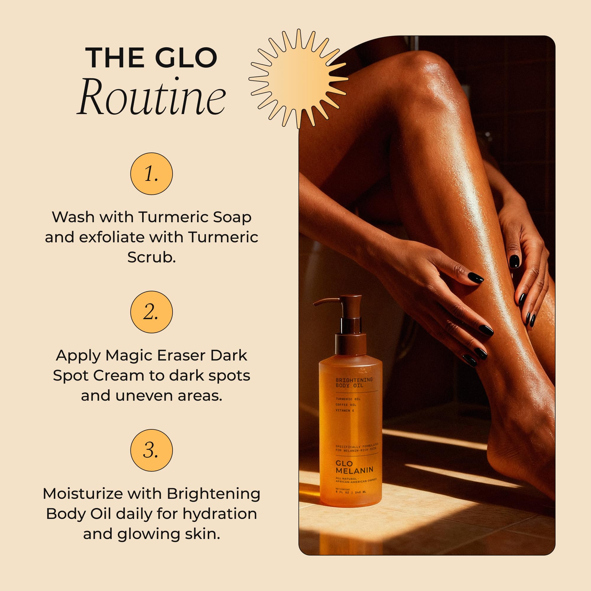 Glo Melanin in bathroom setting showing daily routine integration and elegant packaging