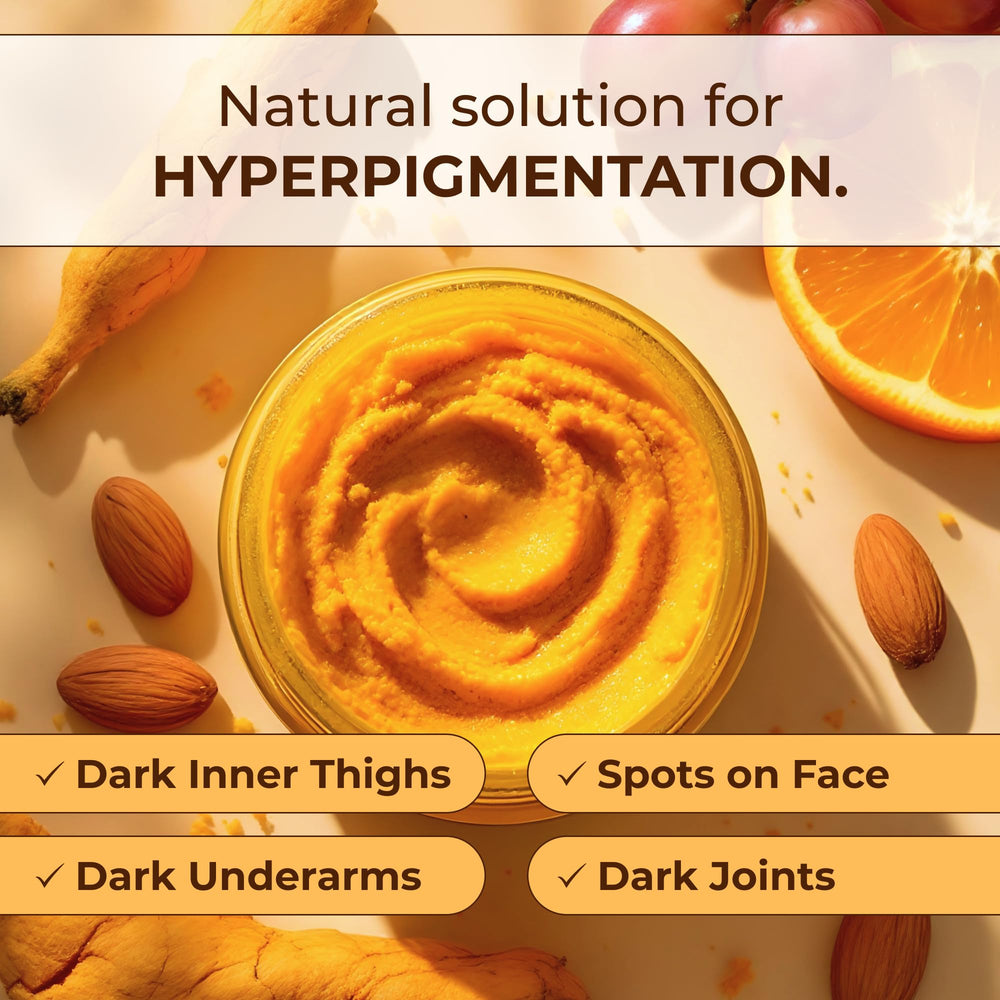 Glo Melanin open jar revealing creamy turmeric scrub texture that moisturizes