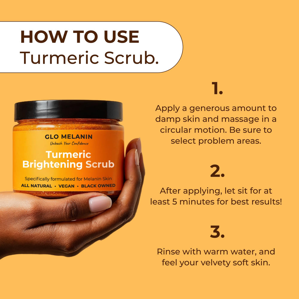 Glo Melanin scrub in hand demonstrating easy application and smooth finish