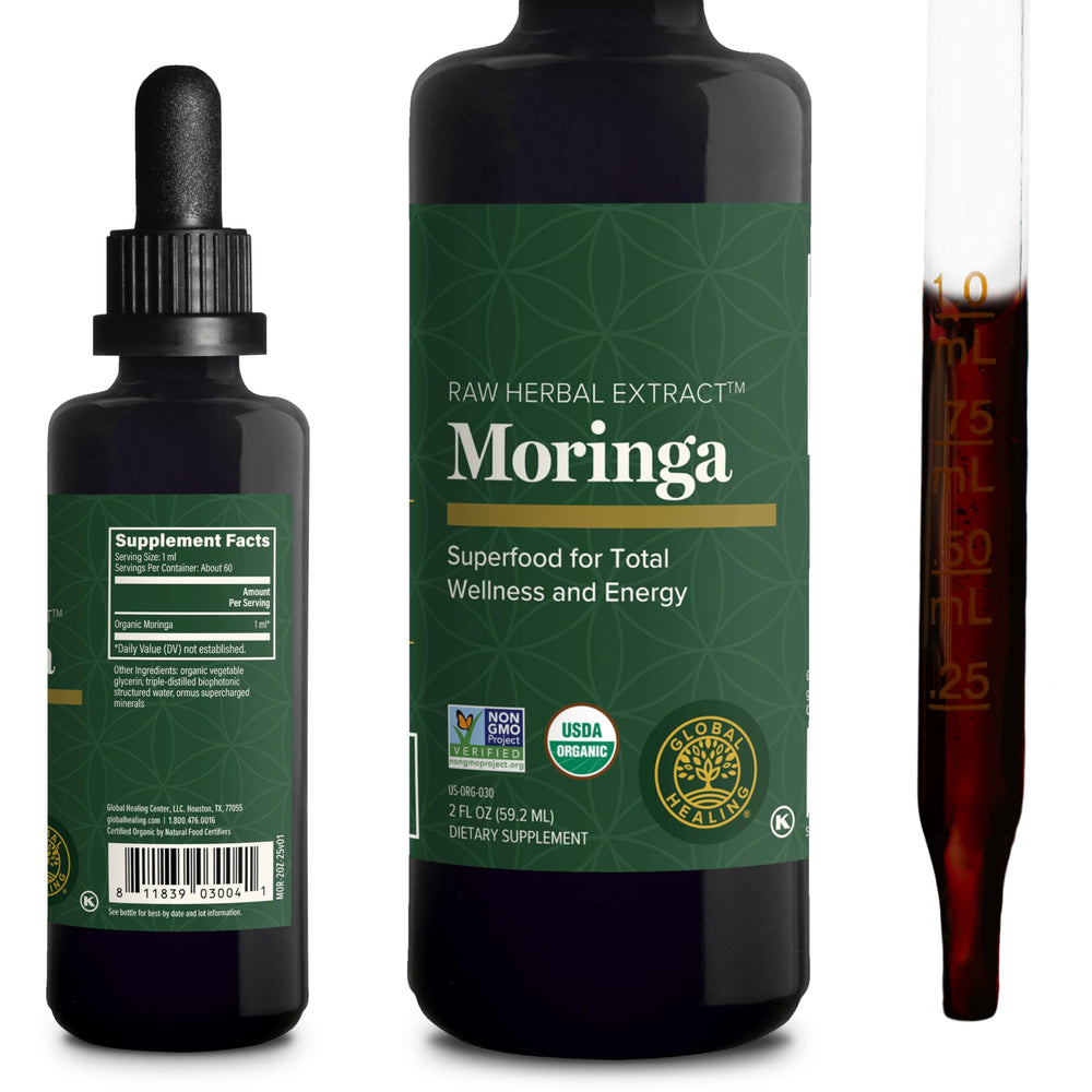 Global Healing Center moringa front packaging showing organic label and benefit