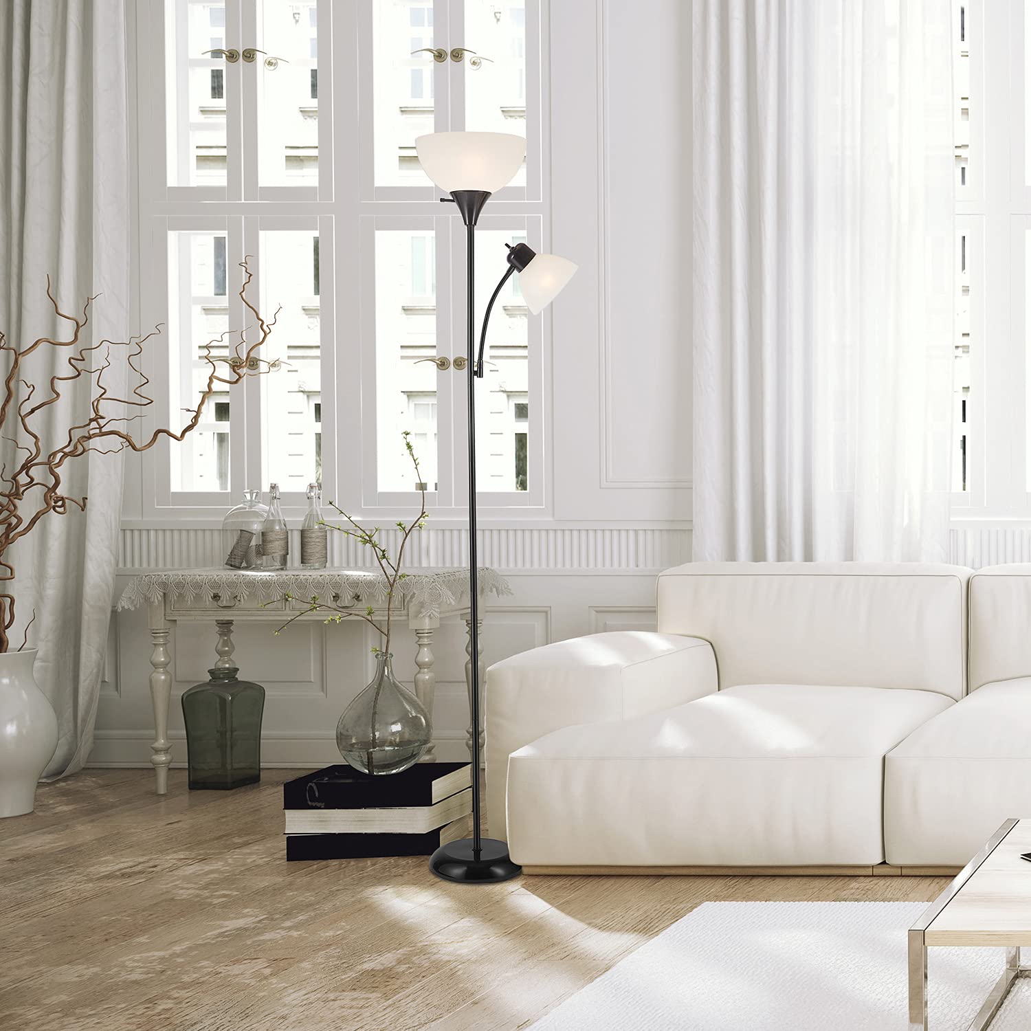 Globe Electric Delilah torchiere top showing uplight for ambient room glow