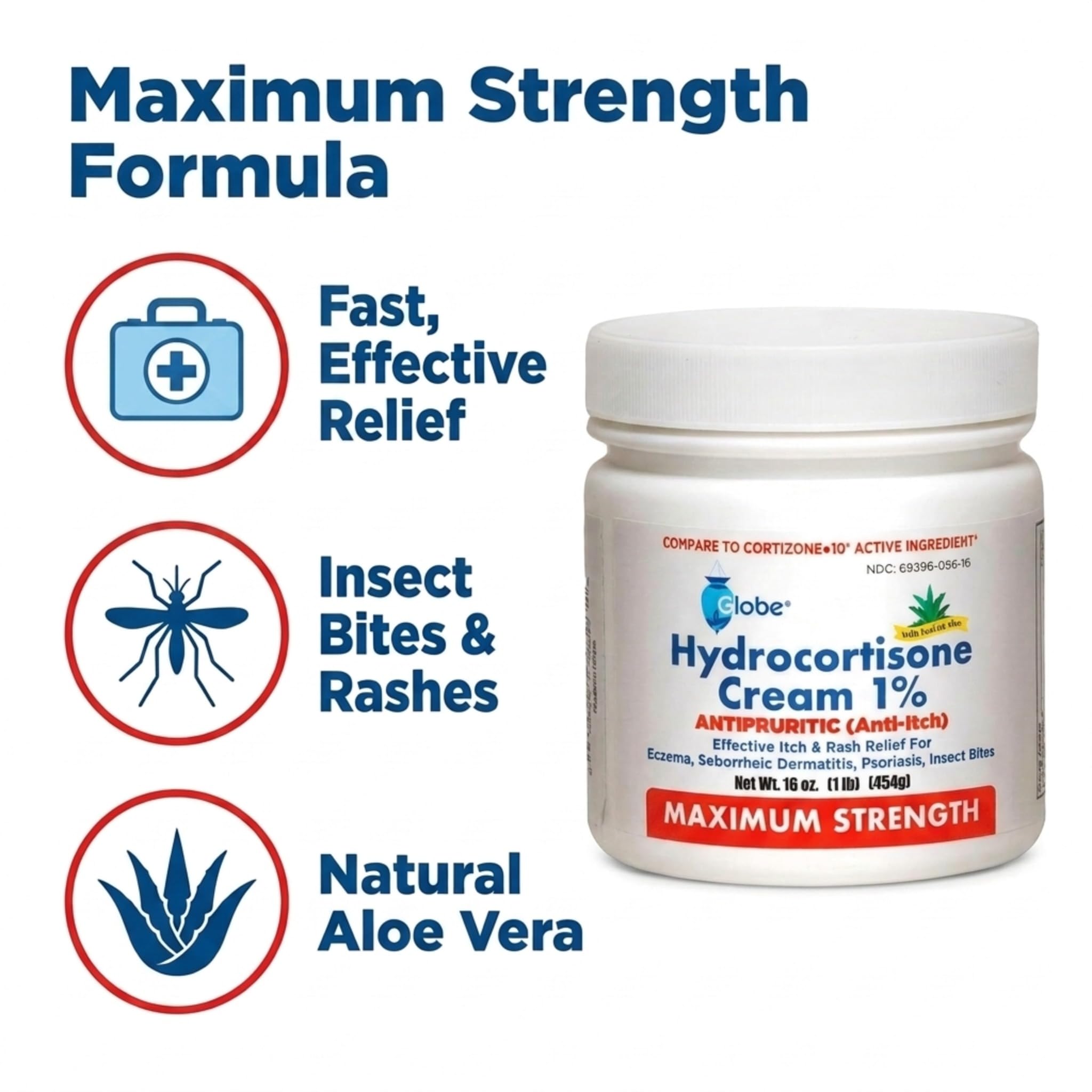 Globe hydrocortisone cream application on arm demonstrating quick soothing relief
