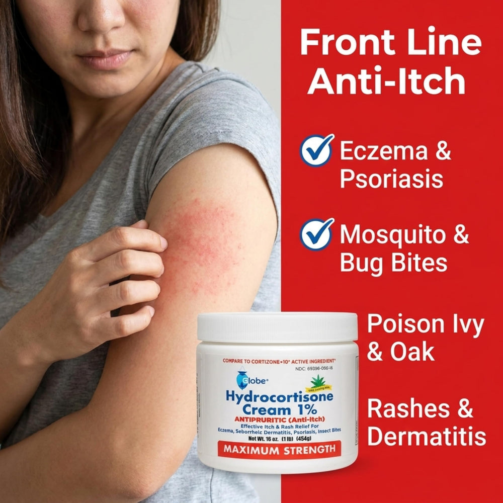 Globe hydrocortisone cream in a first-aid kit lifestyle scene for home preparedness