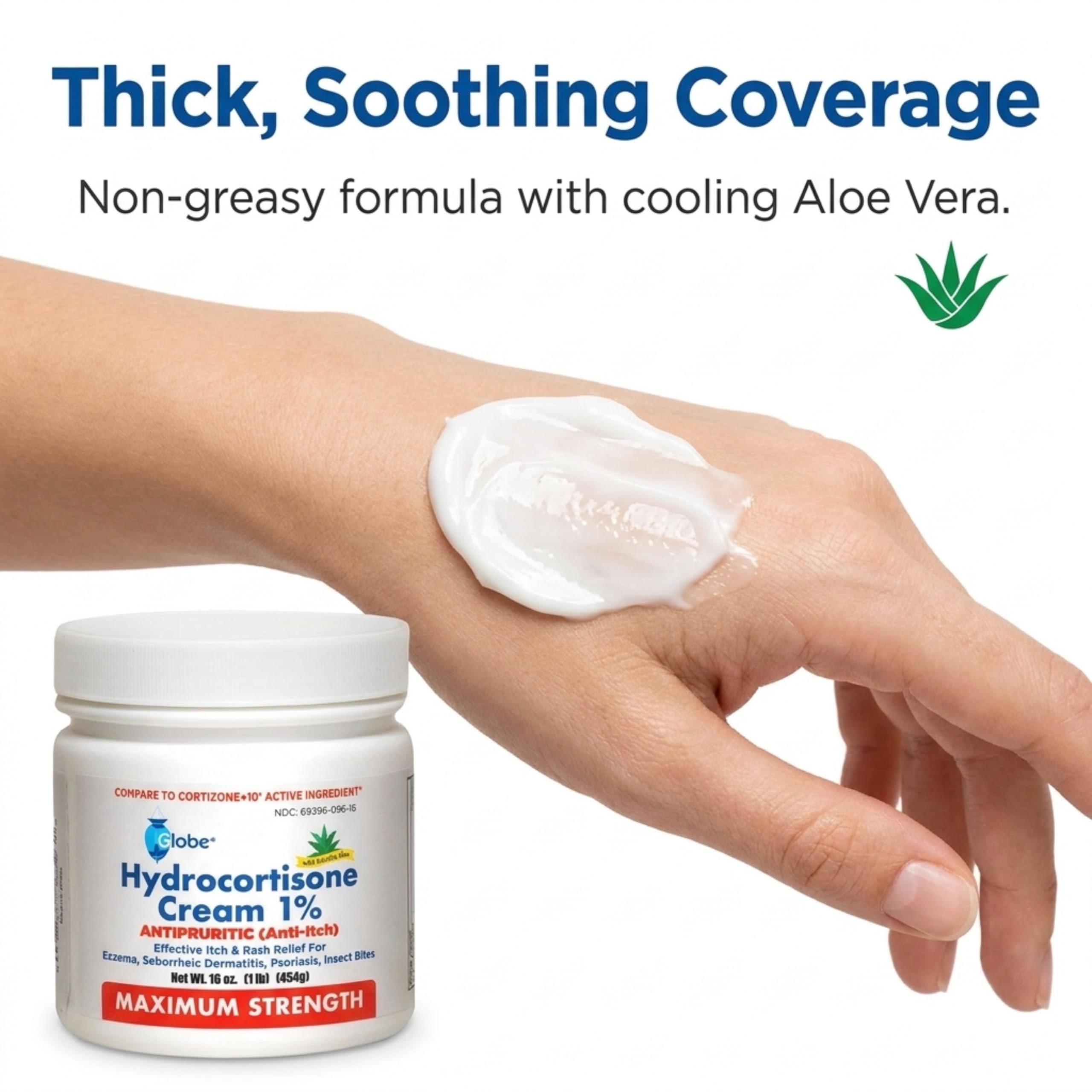 Globe hydrocortisone cream held in hand for size comparison and large capacity
