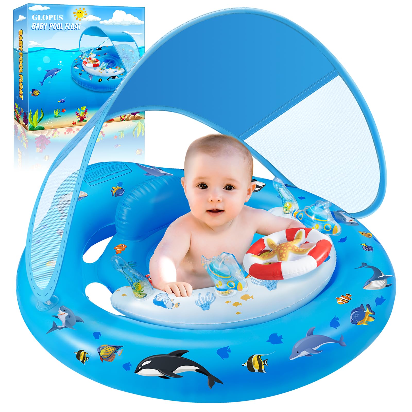 GLOPUS front view inflated baby float showing stable design and easy setup