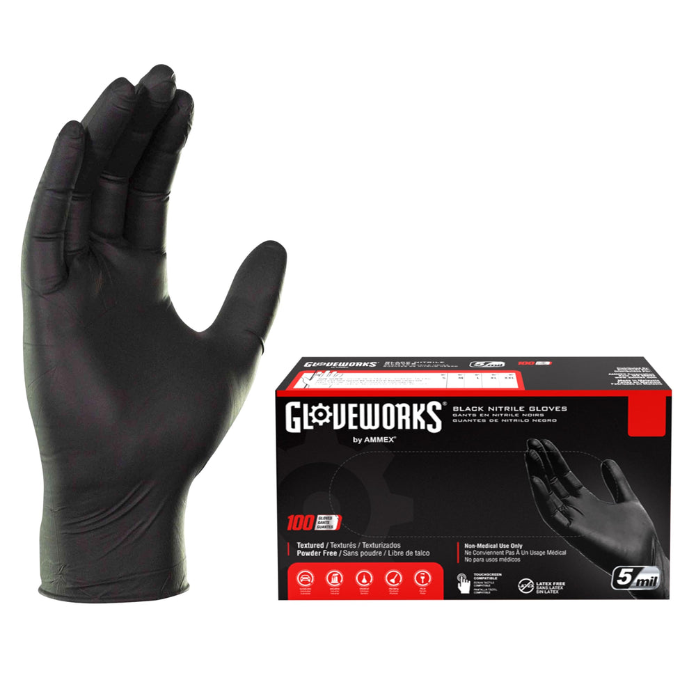 GLOVEWORKS box front showing 100-count XL gloves and professional packaging benefit