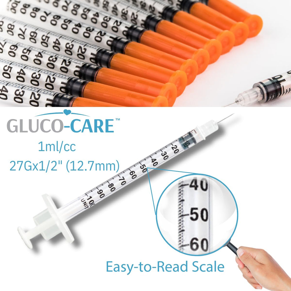 GLUCO-CARE clear barrel graduations showing bold markings for accurate measurement