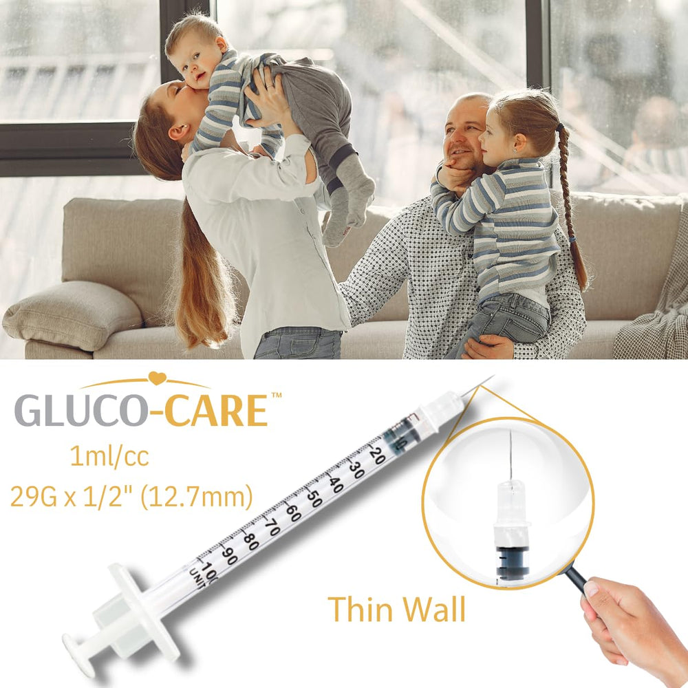 GLUCO-CARE box open with 100 syringes visible for economical supply