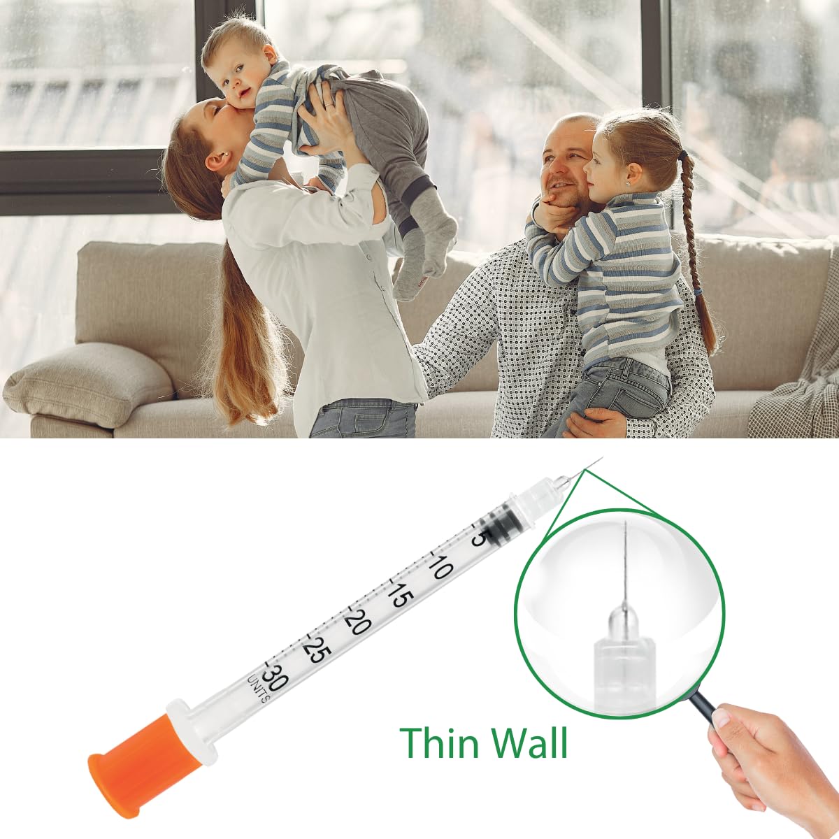 GLUCO-CARE capped needle stored safely to protect the tip and maintain cleanliness