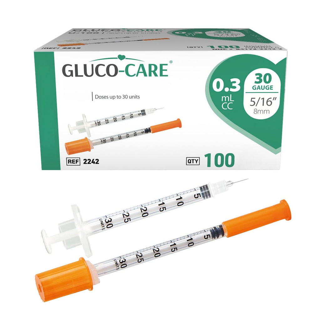 GLUCO-CARE front box view showing 100pcs and orange caps, highlights bulk convenience