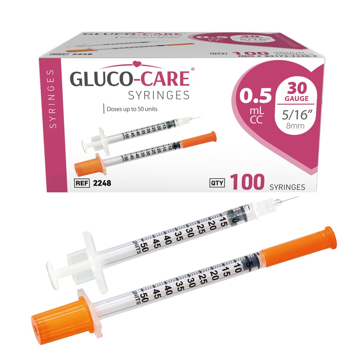 GLUCO-CARE front packaging box showing 100 syringes and quantity for easy restock