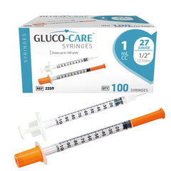 GLUCO-CARE front box of 100 syringes showing quantity and orange caps for easy storage