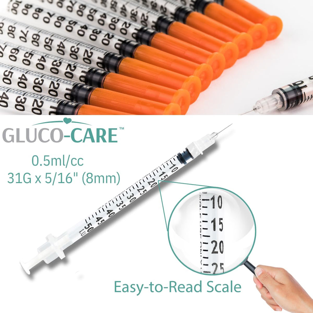 GLUCO-CARE graduation barrel showing bold numbers for quick, precise measurement