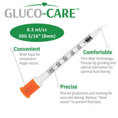 GLUCO-CARE needle tip close-up demonstrating fine 30G gauge for controlled flow
