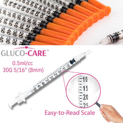 GLUCO-CARE needle tip macro showing fine 30G point for precise small-volume work